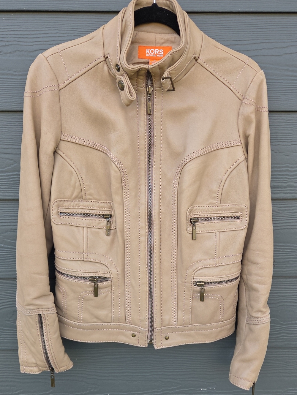 Michael Kors Beige Leather Zip-Front Jacket